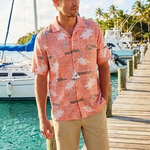 Men's TOMMY BAHAMA Tropical Coral 100% Silk Sailboats Palm Trees Shirt